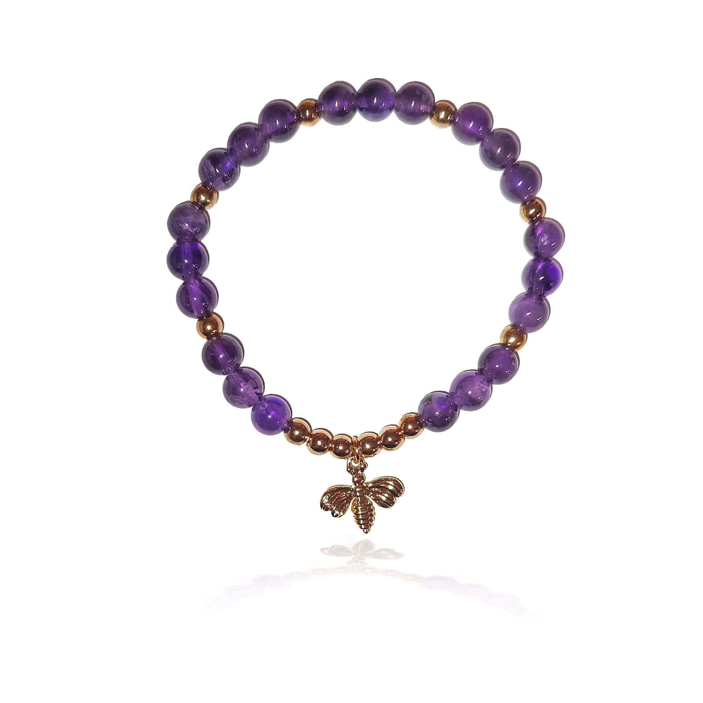 6mm Natural crystal bead bracelets with golden bee charm - 4 Crystal choices