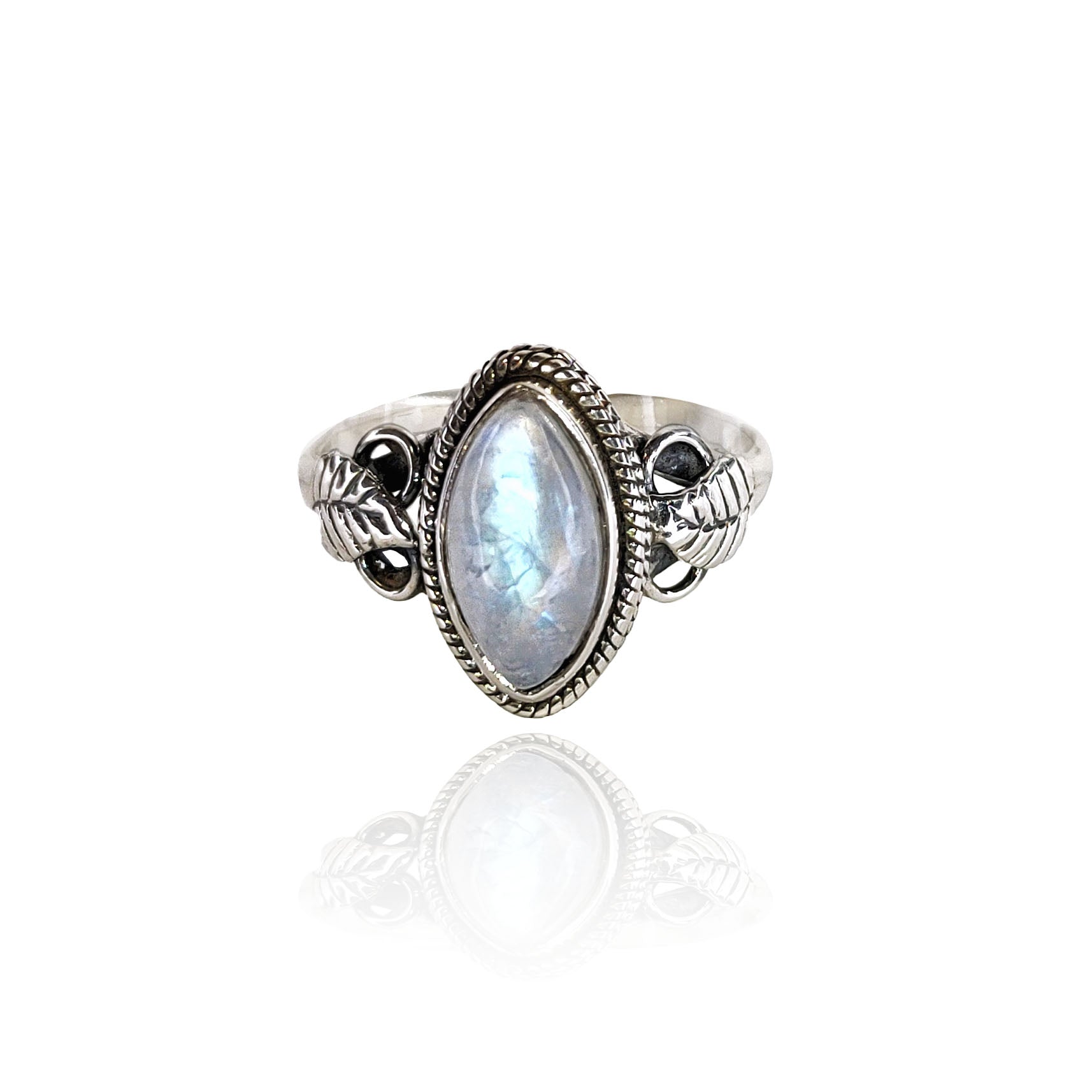 Ashanti Rainbow Moonstone Leaf Boho sterling silver Ring