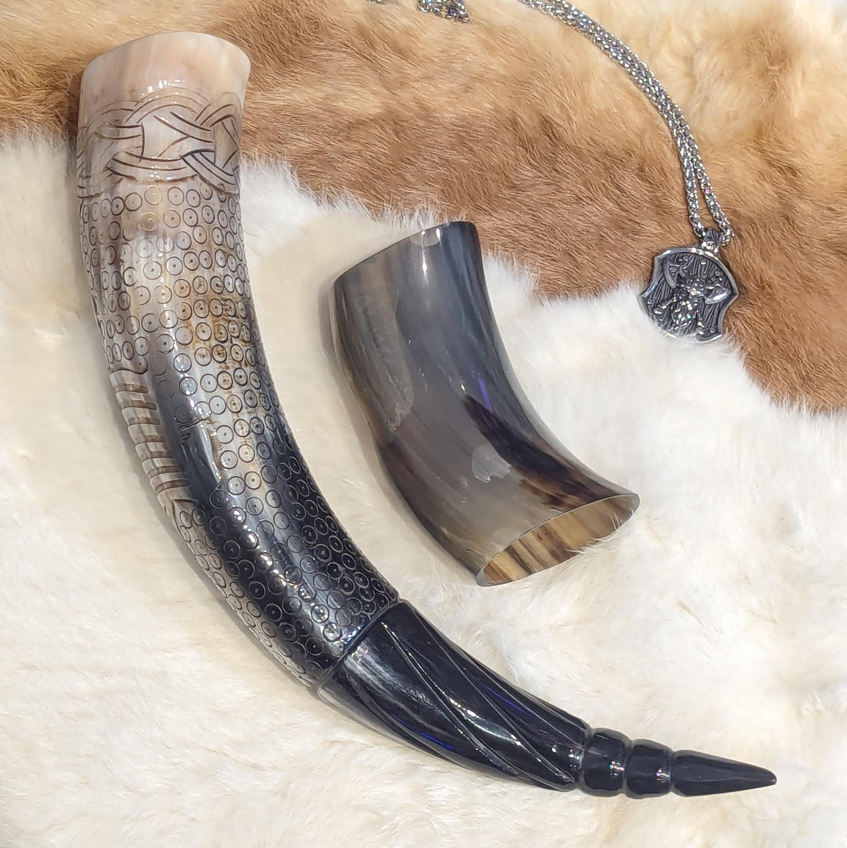 Genuine buffalo drinking horn - hand carved design