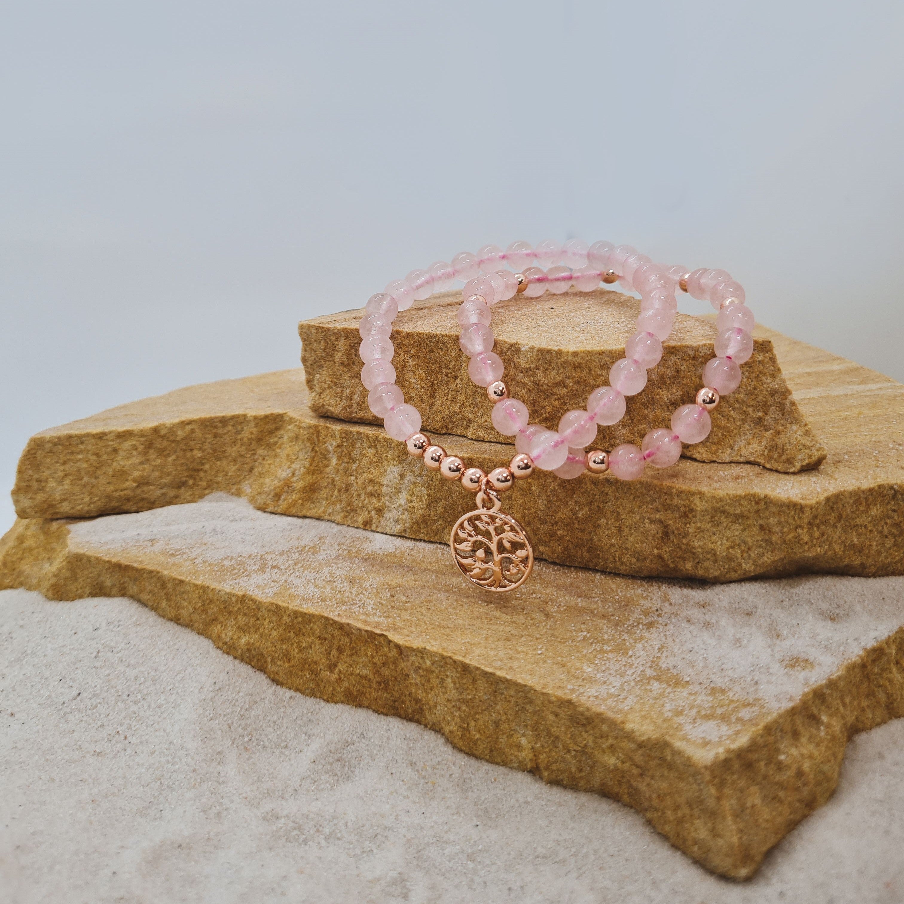 Rose Quartz 6mm crystal bead bracelet with rose gold Tree of Life charm